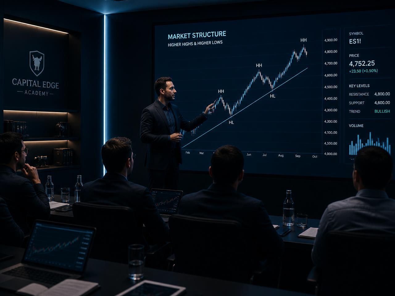 Market education session with charts on a large screen