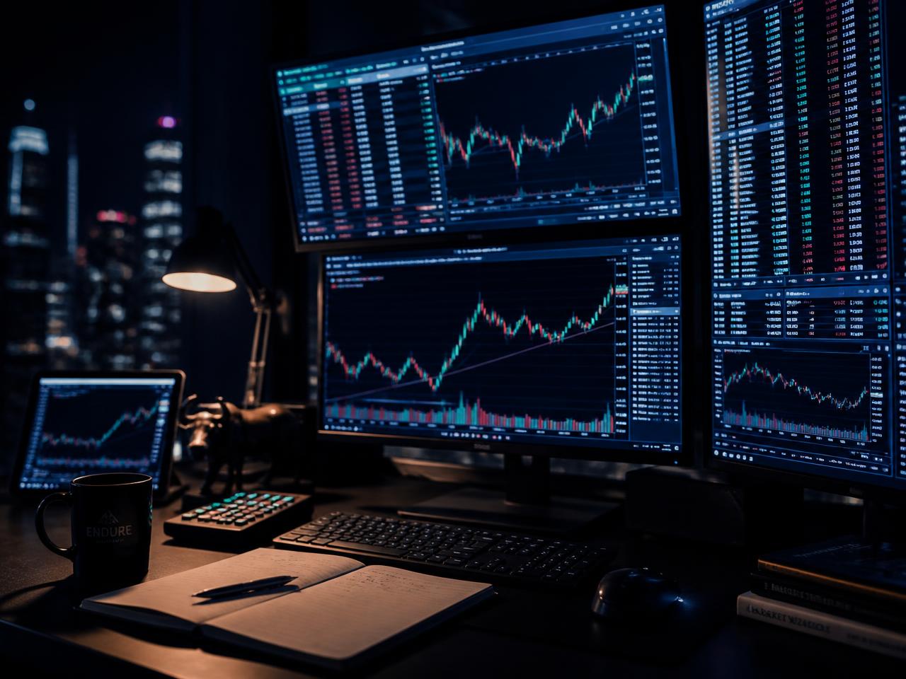 Analyst workstation displaying live currency charts at night